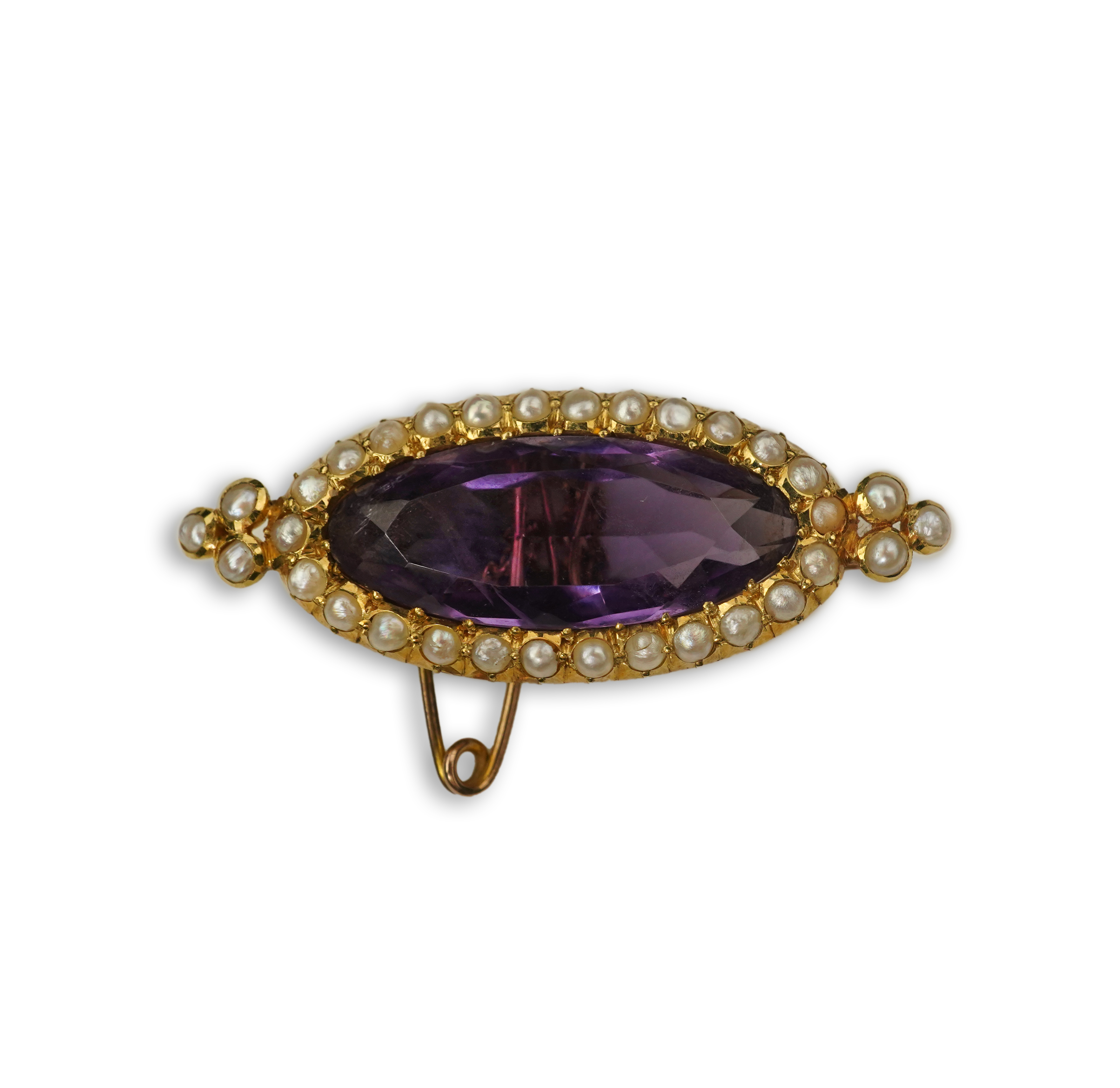 An amethyst and pearl brooch, circa 1900